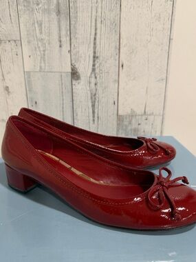 Coach Red Patent Low Block Heel Ballet Flats with Bow